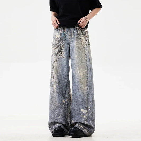 New 3D Chain Printed Baggy Jeans For Men And Women Casual Baggy
