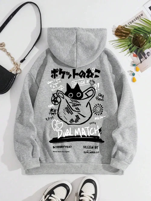 Cute Cat Cartoon Printed Sweatshirt Women Harajuku Casual Loose Hooded