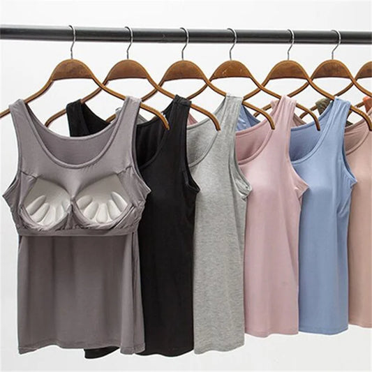 2025 Women's Vest Tops With Built In Bra Neck Vest Padded Slim Fit