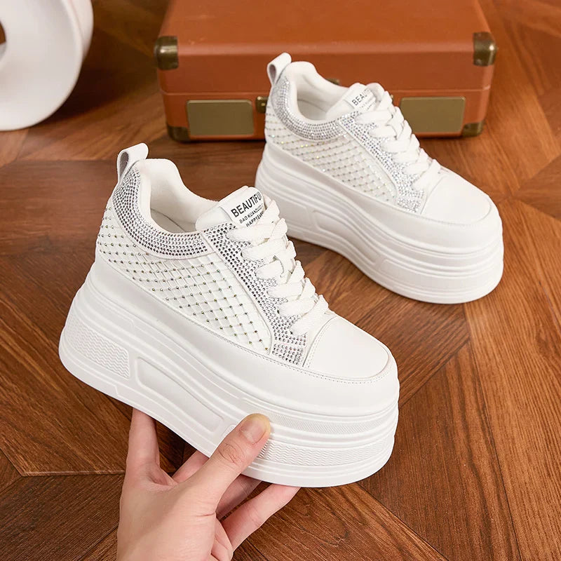 AUTUSPIN 9cm Platforms Chunky Sneakers for Women Leisure Shoes Summer Crystal Splicing Ladies Microfiber Leather Footwear Woman