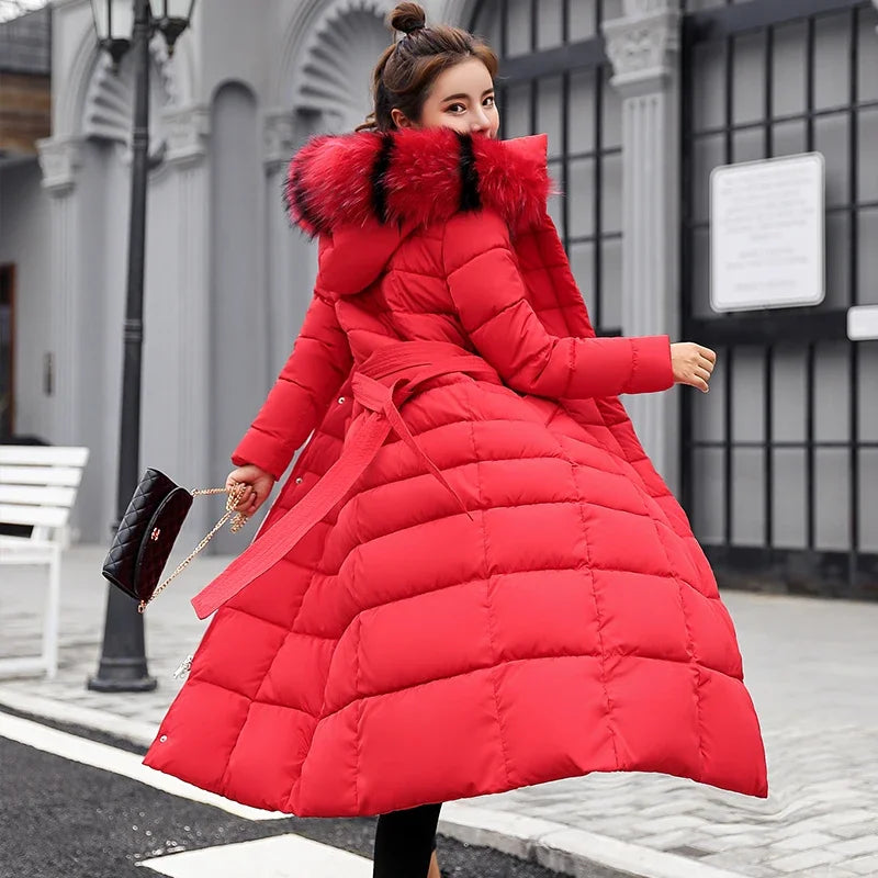 2025 Winter Women's Jacket Warm Fashion Comfortable Bow Belt Fox Fur Collar Clothes Long Dress Office Casual Women's Thick Coat