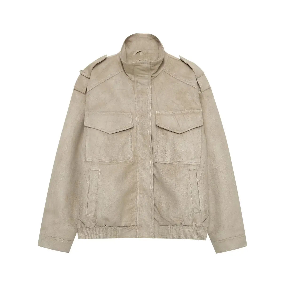 KONDALA Autumn Women Elegant Suede Jacket Stand-up Collar Grey Zipper Loose Jacket 2025 Fall Winter Streetwear Lady Jacket