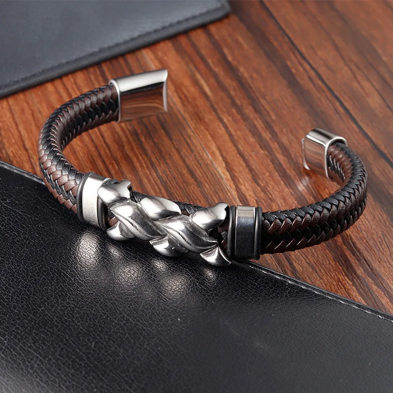 Luxury Quality Vintage Jewellery Accessories Man'S Stainless-Steel Leather Chunky Bracelets For Men