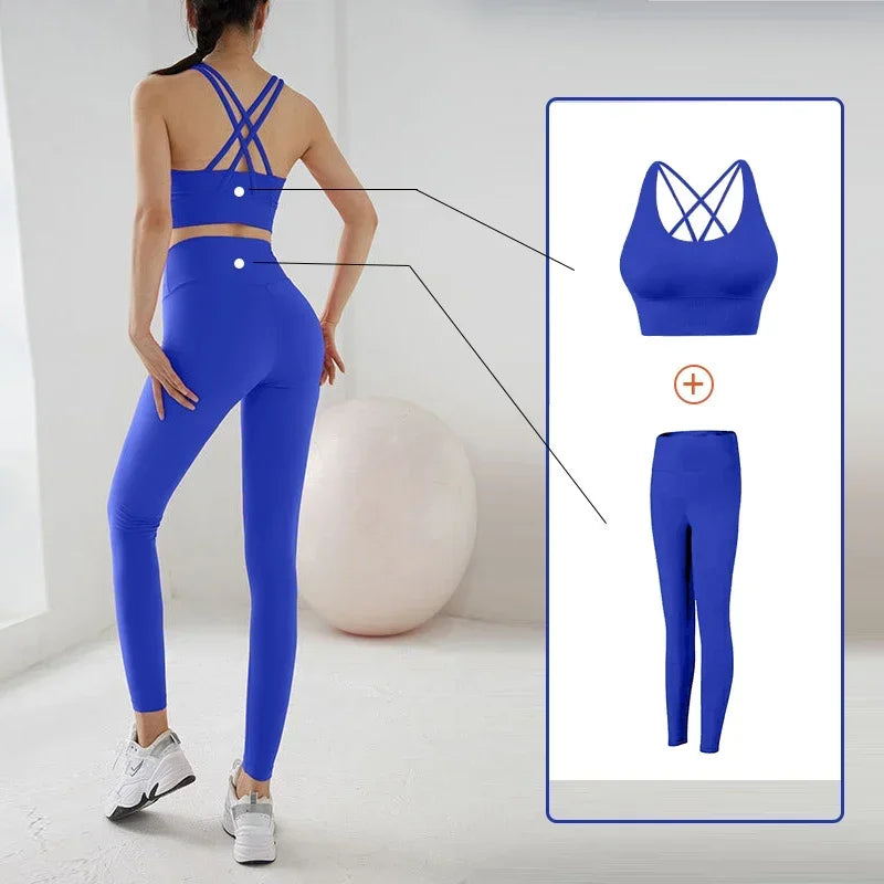 2 Piece Yoga Set Solid Color Women's High Waisted Leggings Tight-fitting Quick-drying Running Underwear Cross Bra Fitness Suit