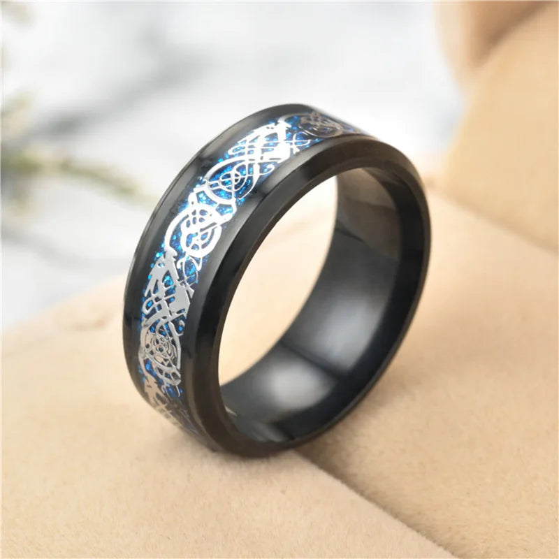 20 Colors Men Jewelry Red Blue Black Dragon Inlay Comfort Fit Stainless Steel Rings For Wedding Wide 8mm