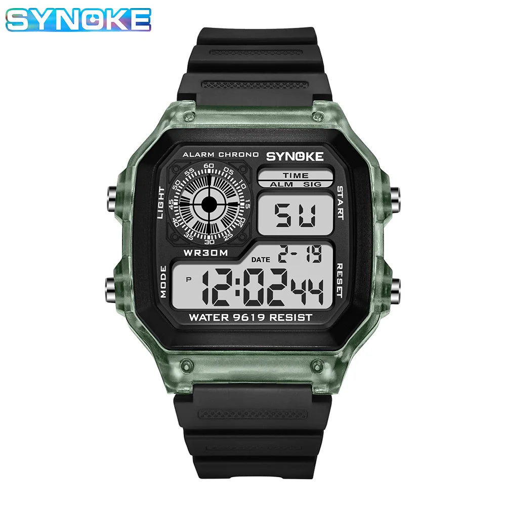 SYNOKE Wrist Watch For Men Digital Sports Waterproof Watch Transparent Multifunction Chronograph Alarm Backlight reloj hombre