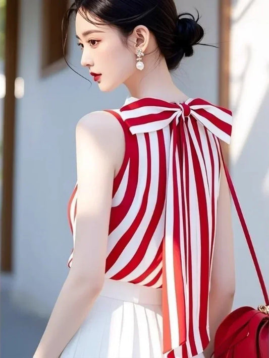 France Nostalgia White Red Striped Bow Shirt Women Sleeveless Tank