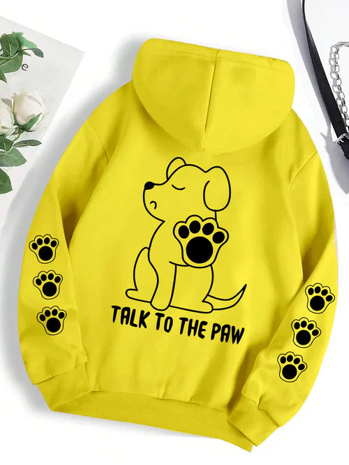 Talk To The Paw Funny Dog Cartoon Print Hoodie Women Warm Fleece Hoody