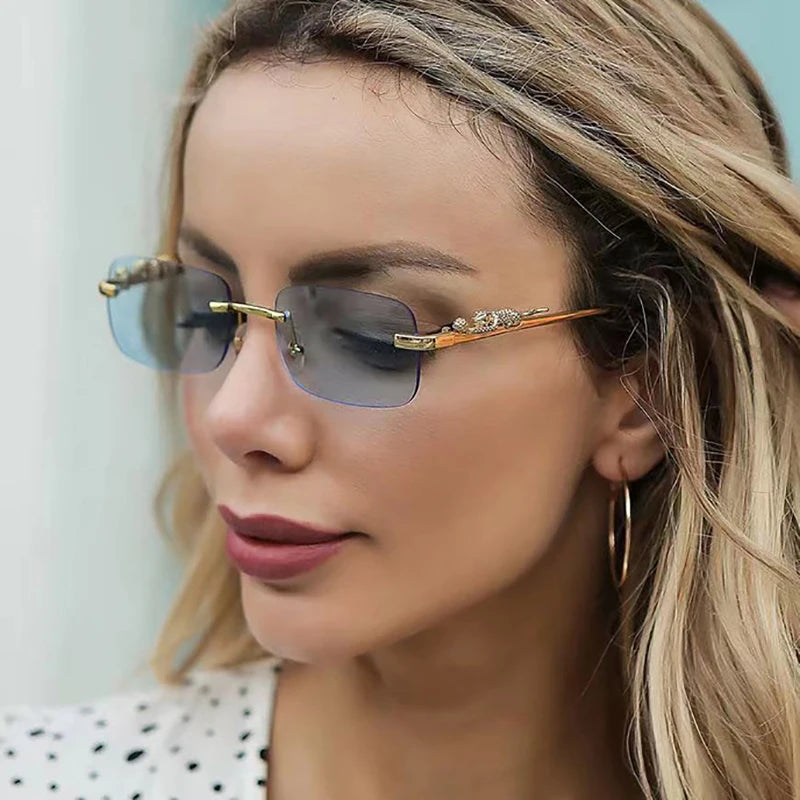 Classic Rimless Sunglasses Men Women Fashion Leopard Decoration Small