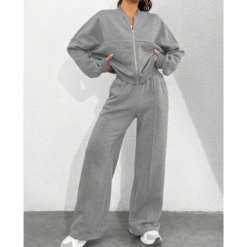 Grey Bomber Jacket Pant Women 2 Pieces Set Casual Long Sleeve Zipper