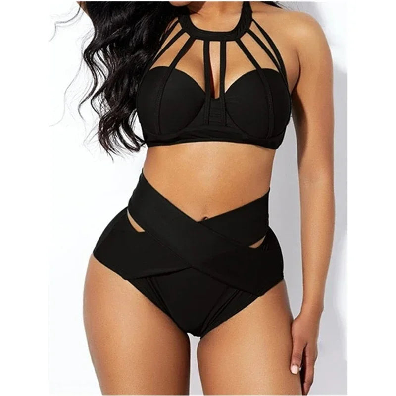 2024 High Waist Sexy Solid Color Women's Bikini Split Swimsuit Push Up