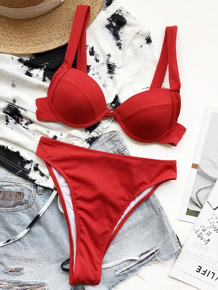 Sexy Ribbed Bra Cup High Waist Bikini Women Swimsuit Female Swimwear Two Pieces Bikini set Push Up Bather Bathing Suit Swim Lady