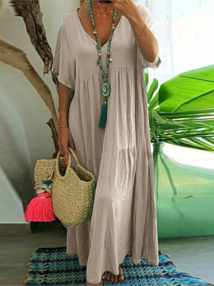 Loose Casual Dresses Women Summer V- Neck Short Sleeve Vestidos Solid
