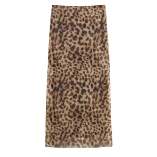 Women Leopard Tulle Midi Skirt 2024 Summer Fashion High Waist
