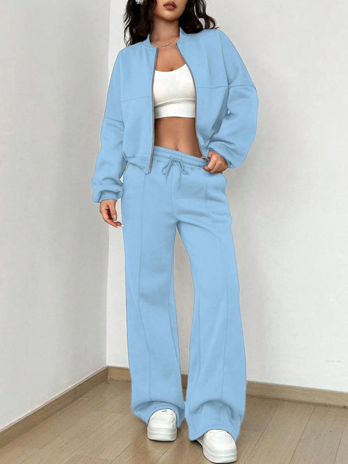 Grey Bomber Jacket Pant Women 2 Pieces Set Casual Long Sleeve Zipper