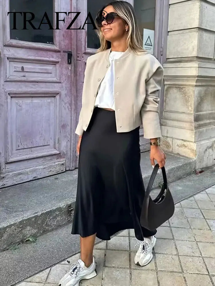 TRAFZA 2024 Y2K Casual Women Long Skirt Spring Elastic High Waisted