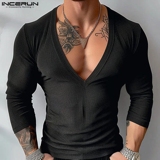 INCERUN Tops 2024 American Style Sexy Men's V-neck Striped T-shirt