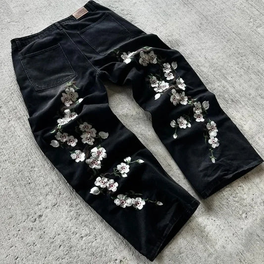 Y2K Baggy Jeans Harajuku vintage cherry blossom Embroidery high