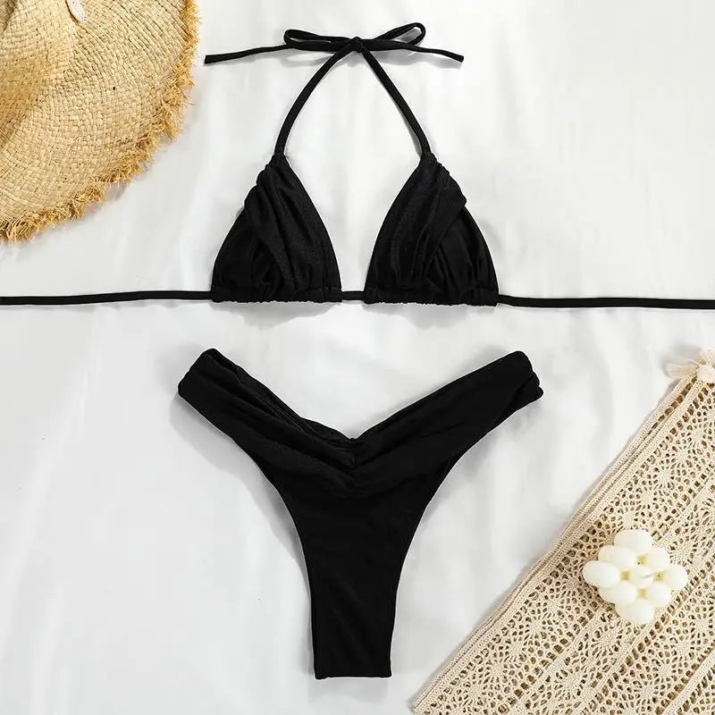 Bikini for Women Triangle Swimwear Bathing Suit Brazilian 2-Piece Folds Bikinis Set Solid Push Up Swimsuit New 2024