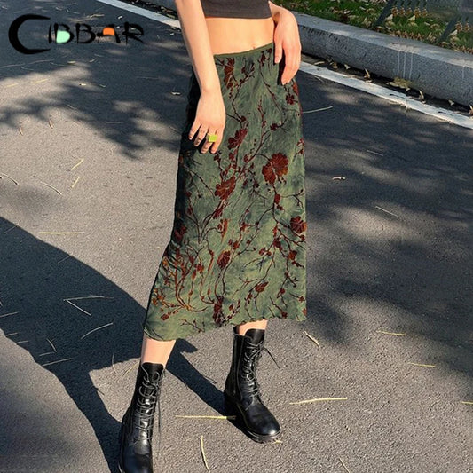 CIBBAR Harajuku Floral Print Long Skirt Vintage Low Rise Straight Midi