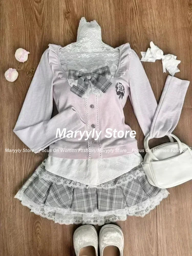 Japanese Sweet Preppy Style Skirt Set Women Kawaii Lace Patchwork Bow