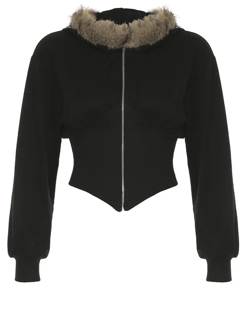 Cuteandpsycho Zip Up Fur Neck Hoodie Coats Fashion Slim Solid Y2K