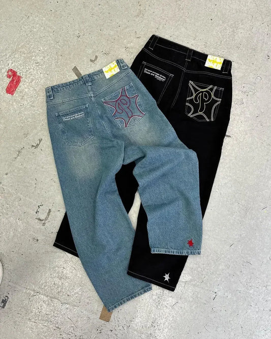 Y2K Men blue letter printed jeans high-end fashion hip-hop trend