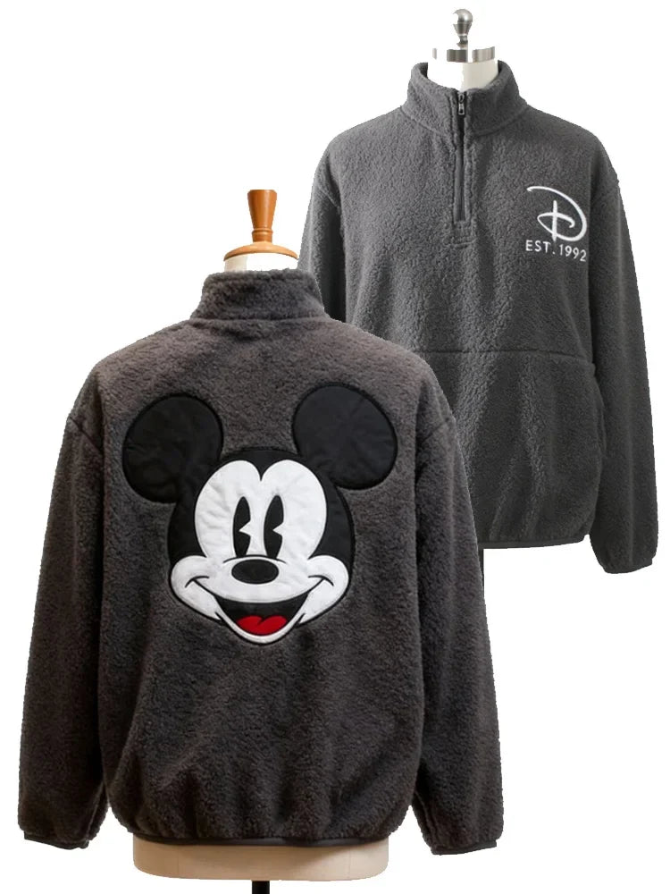 Disney Minnie Mouse Letter Print Embroidery Lamb's Wool Sweatshirt Women Long Sleeve Jacket Jumper Tops White Streetwear Female