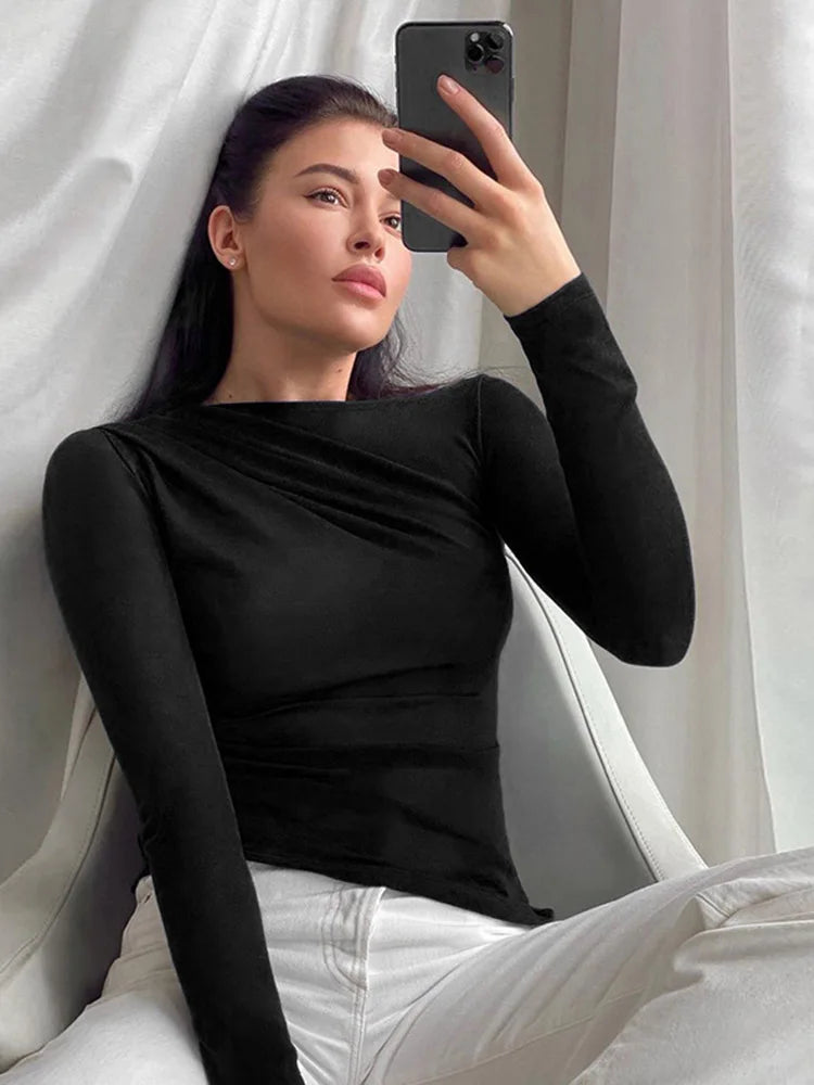Long Sleeve Top White T-Shirts Women Basic Crop Top Autumn Pollover