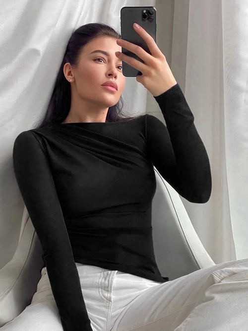 Long Sleeve Top White T-Shirts Women Basic Crop Top Autumn Pollover
