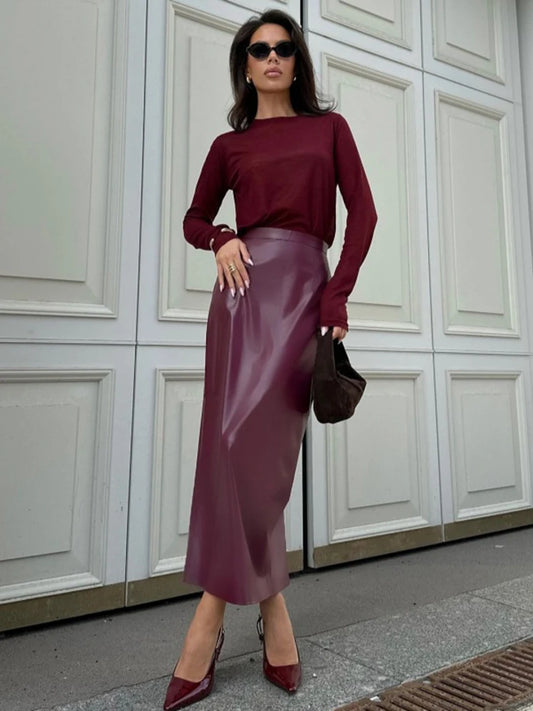 Trendix Women Elegant Burgundy Skirt High Waist Slim Fashion Slit Long