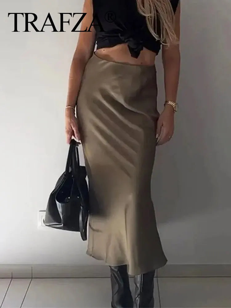 TRAFZA 2024 Y2K Casual Women Long Skirt Spring Elastic High Waisted