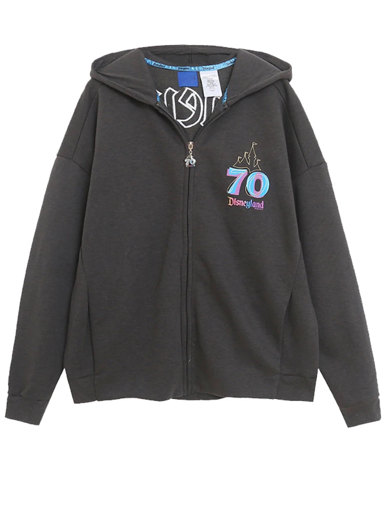 Disneyland 70th Anniversary Castle Mickey Mouse Cartoon Print Embroidery Fleece Sweatshirt Women Hooded Zipper VELOUR Jumper Top
