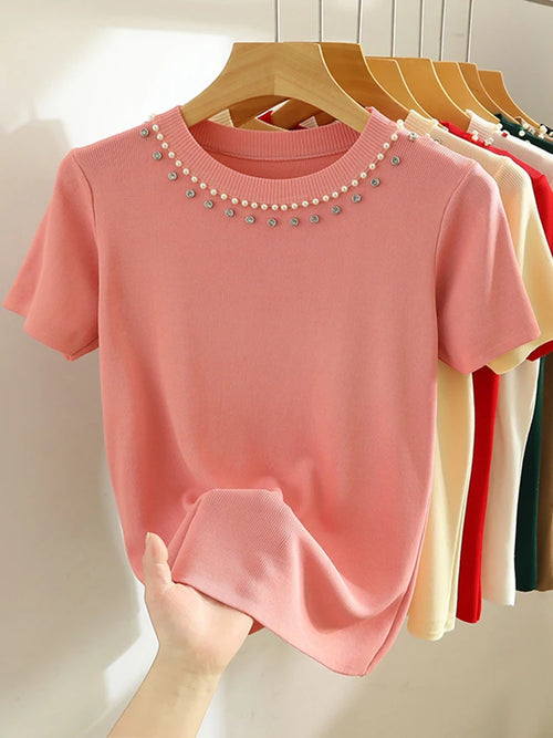 2024 Korea Knitted T-shirt Women Top Solid Tank Y2K Summer New Fashion