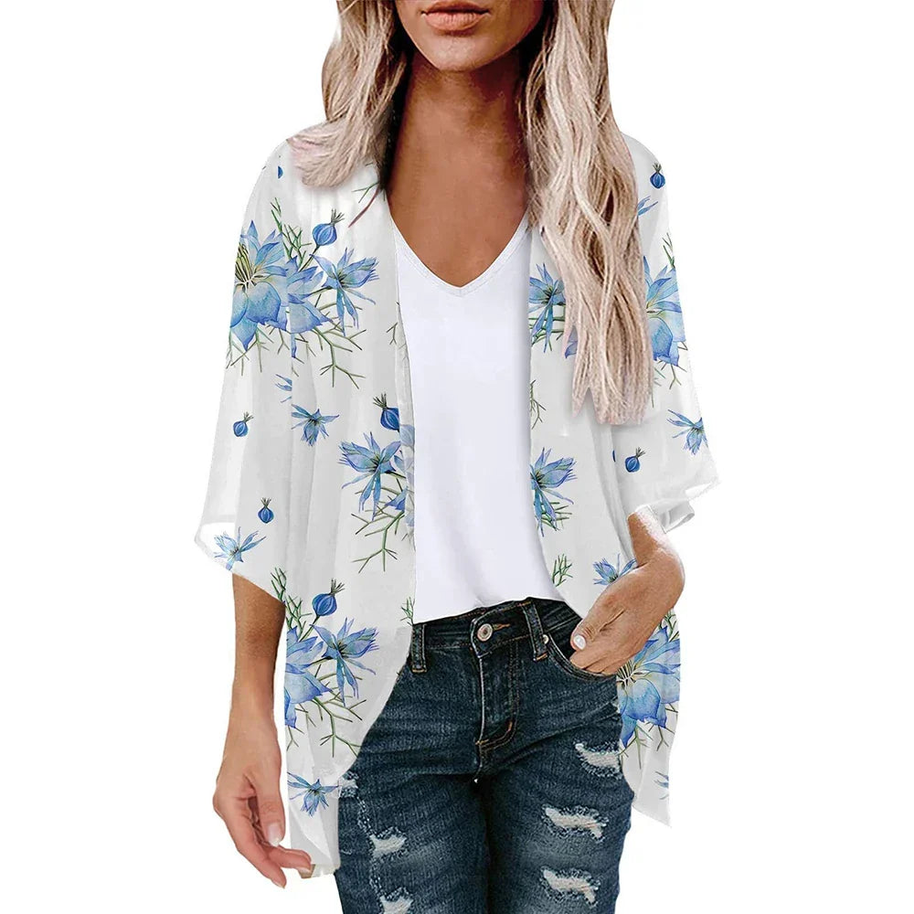 New Women Chiffon Blouse Kimono Tops Cardigan Leaves Print Beach Blouse Shawl Loose Hawaiian Outwear Swim Cover Up  Beach Wear