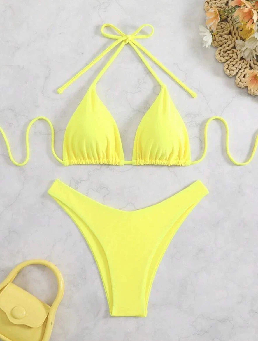 Women Red/Black/White/Coffee Bikini Padded Sexy Halter Bikini Two-Piece Set With Drawstring Straps Brazilian Bathing Suit 2025