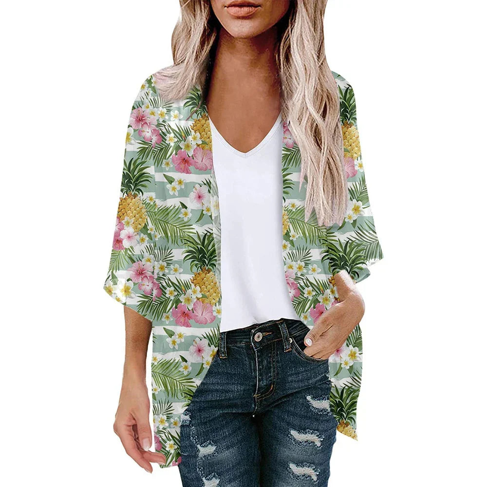 New Women Chiffon Blouse Kimono Tops Cardigan Leaves Print Beach Blouse Shawl Loose Hawaiian Outwear Swim Cover Up  Beach Wear