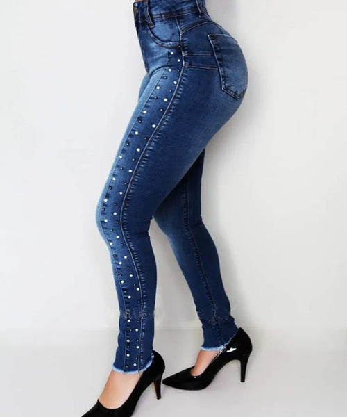 2022 Hot Sale High Waist Beaded Hip Lift Jeans For Women Fashion High
