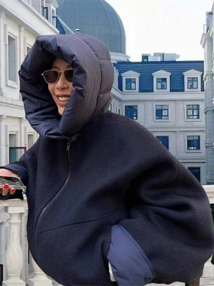 Zipper Panelled Women's Jackets With Hoodies Casual Drawstring Long