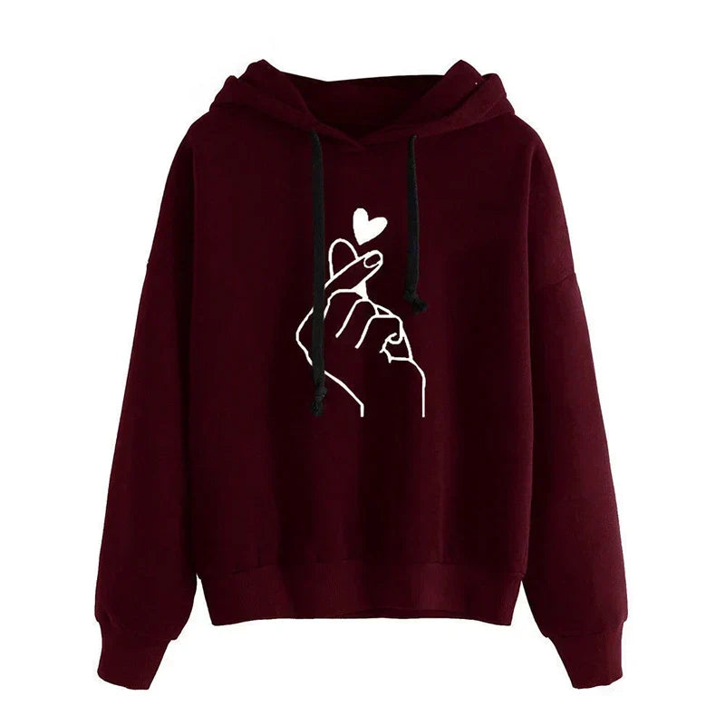Autumn Fleece Hoodie Solid Color Finger Heart Hooded Korean Fashion