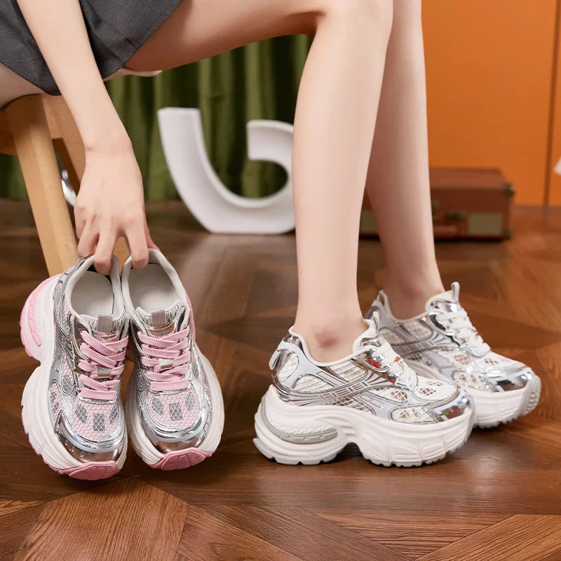 AUTUSPIN 9cm Women Sneakers High Chunky Wedges Shoes Summer Breathable Comfy Platform Ladies Thick Soled Leisure Footwear Woman