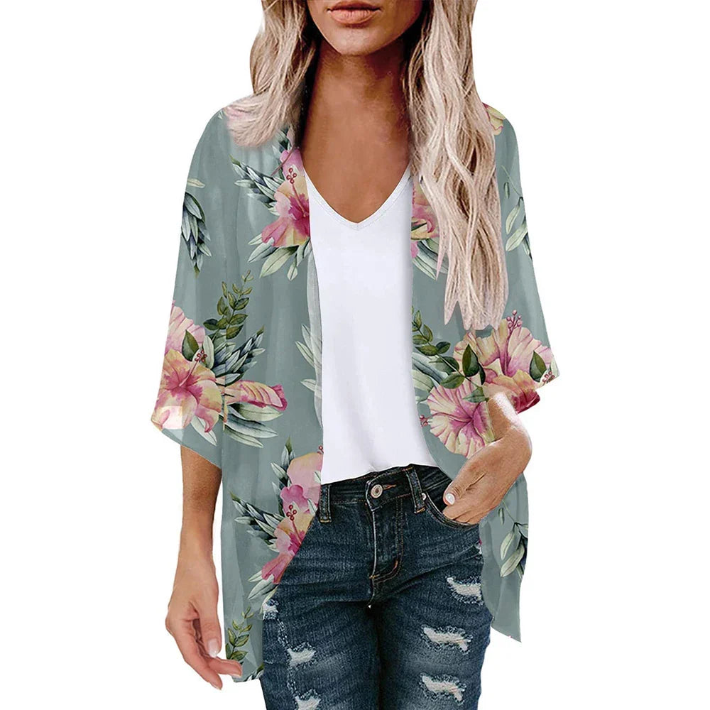 New Women Chiffon Blouse Kimono Tops Cardigan Leaves Print Beach Blouse Shawl Loose Hawaiian Outwear Swim Cover Up  Beach Wear