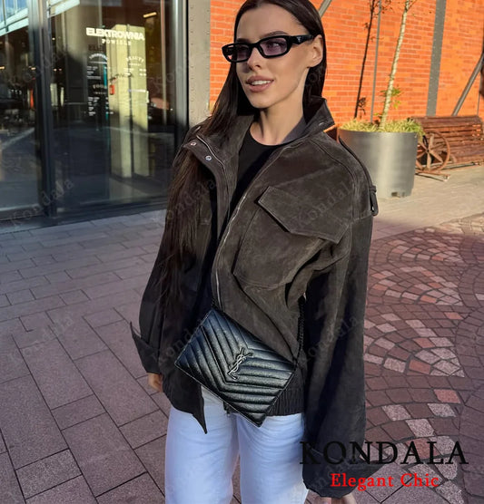 KONDALA Autumn Women Elegant Suede Jacket Stand-up Collar Grey Zipper Loose Jacket 2025 Fall Winter Streetwear Lady Jacket