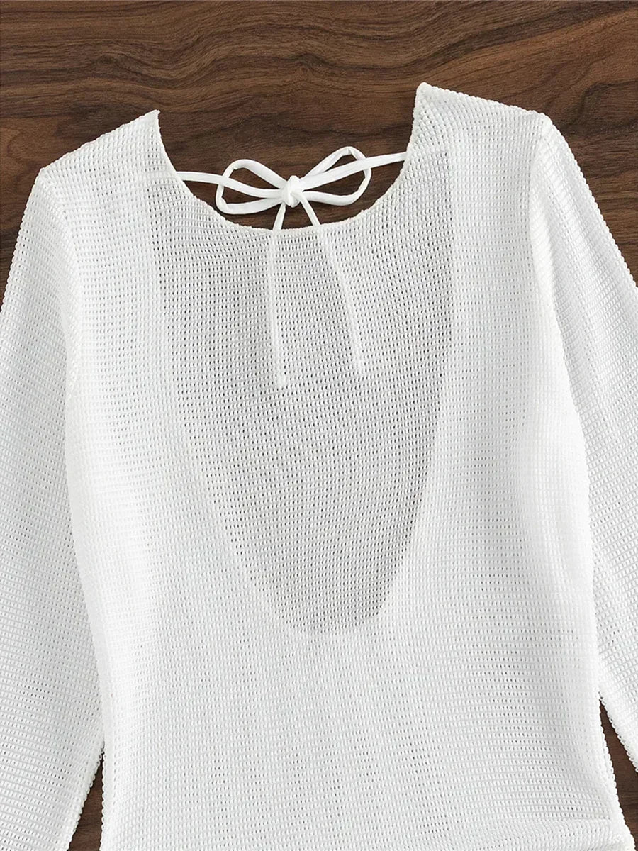 S - XL Long Sleeve Backless Crochet Knitted Tunic Beach Cover Up Women