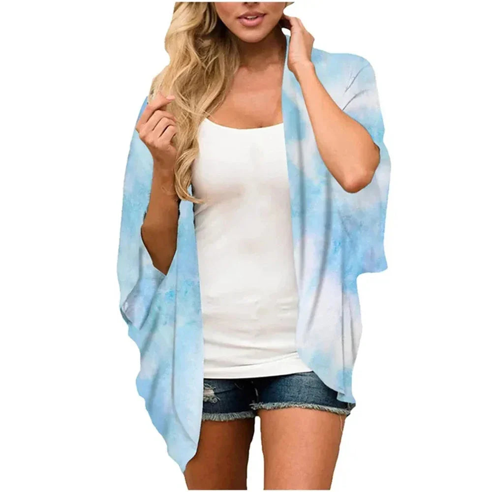 Women'S Swimwear 2023 Cardigans For Women Clearance Fashion Womens Middle Short Sleeve Print Chiffon Cardigan Beach Loose Tops