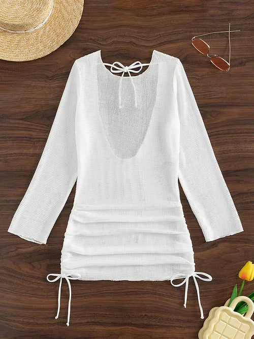 S - XL Long Sleeve Backless Crochet Knitted Tunic Beach Cover Up Women