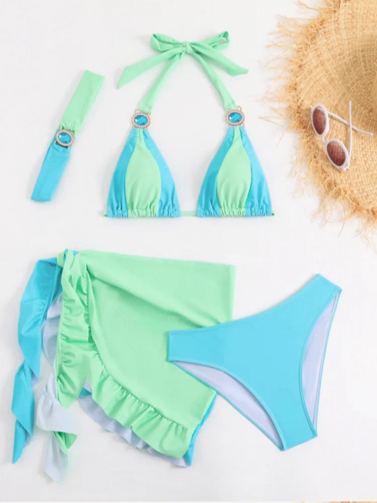Sexy Skirt 4 Pieces Bikini Set Women Luxury Blue Patchwork Rhinestone Push Up Cover Up Swimsuit 2024 Beach Bathing Suit Swimwear
