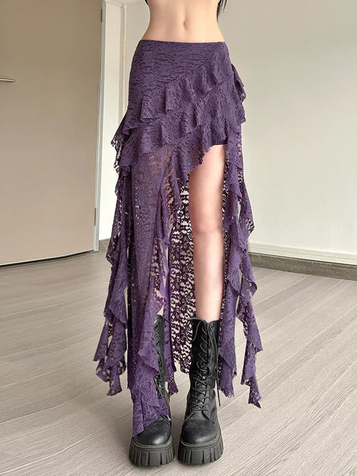Nibber Tassels Women Skirts Irregular Hem Multi-Layered Ruffles Lace