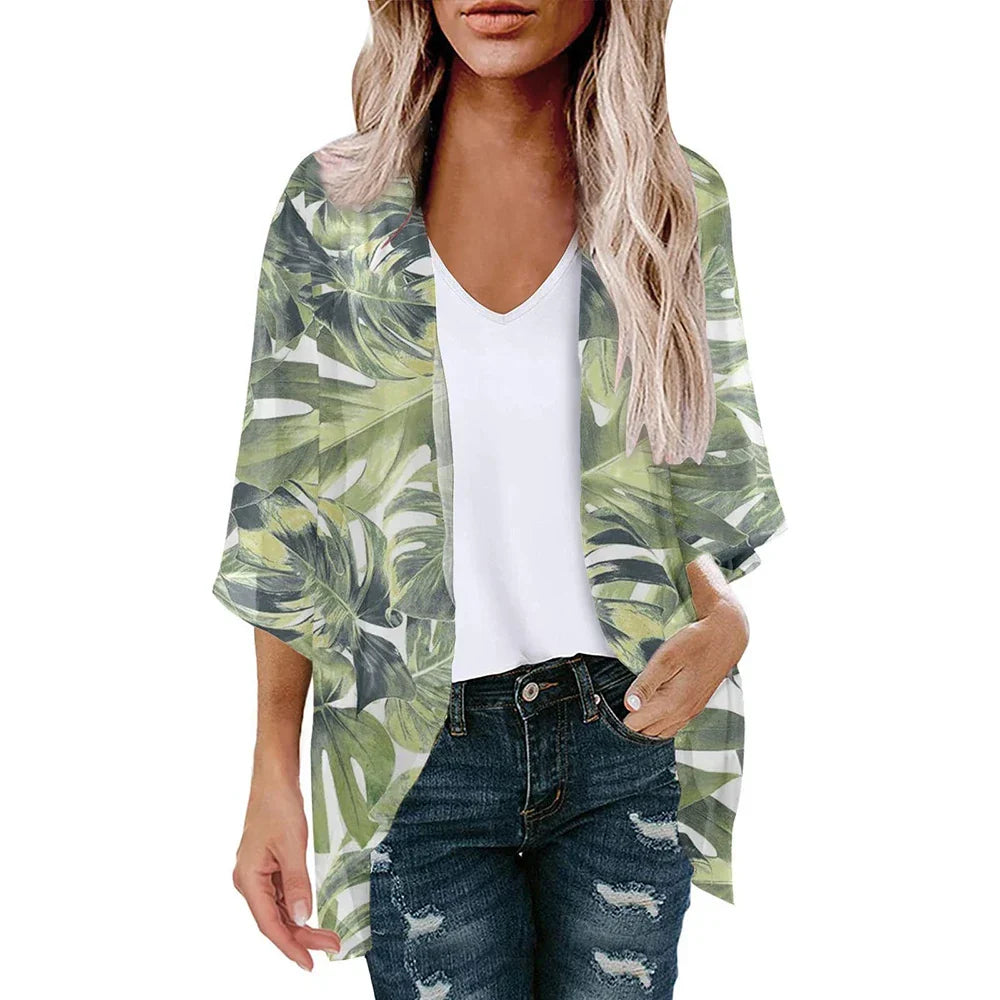 New Women Chiffon Blouse Kimono Tops Cardigan Leaves Print Beach Blouse Shawl Loose Hawaiian Outwear Swim Cover Up  Beach Wear
