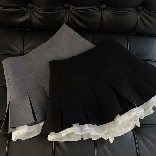 Mooyufon Ruffles Black Mini Skirt Women Korean Patchwork Pleated